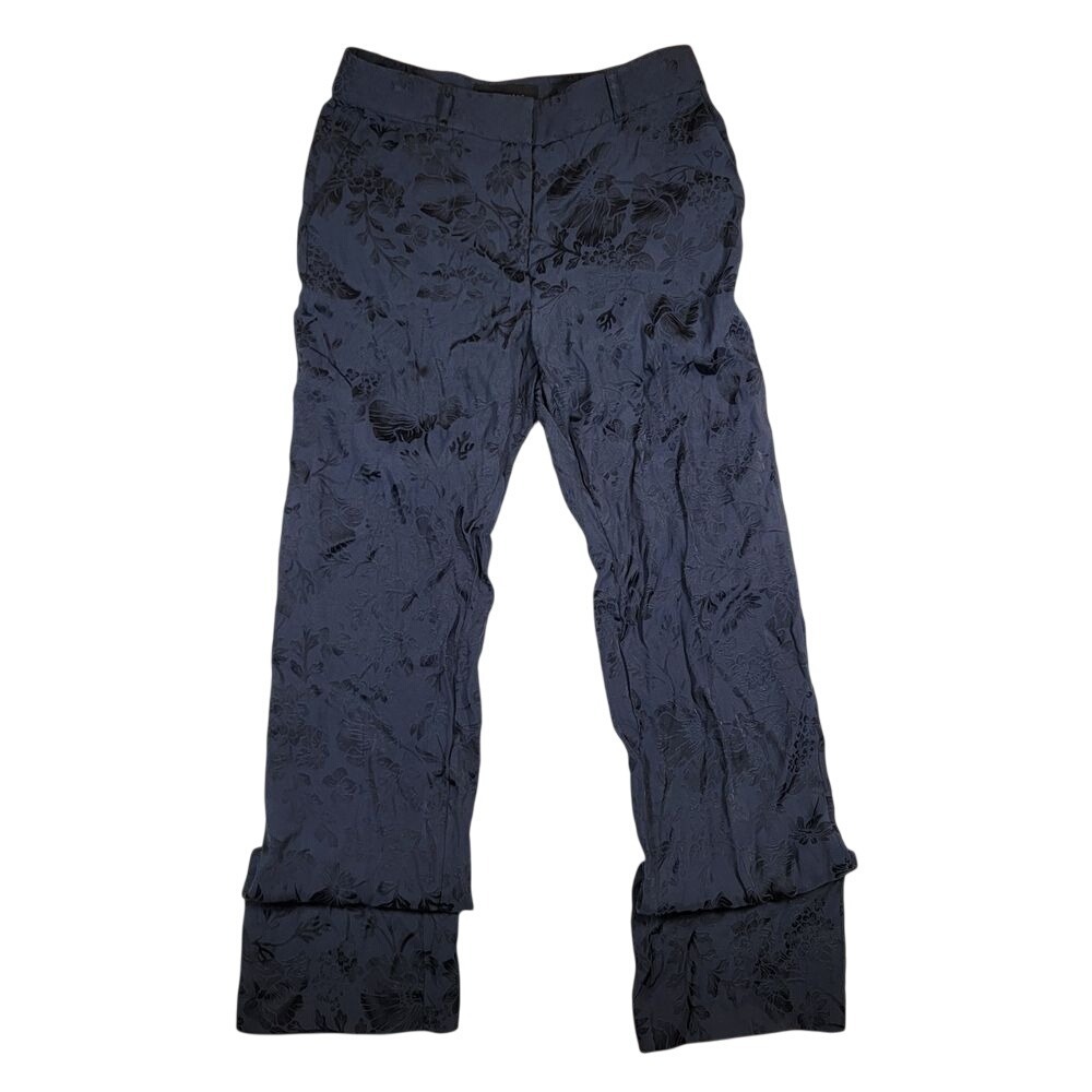 Equipment Womens Arwen Flowy Trousers Sz 4 Navy Floral Embroider Wide Leg Career